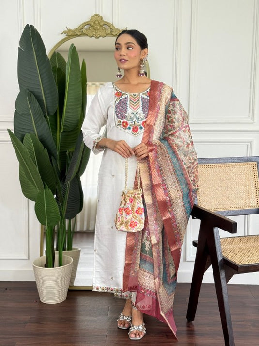 Elegant Embroidered PV Chanderi Kurti Set with Organza Dupatta for Women