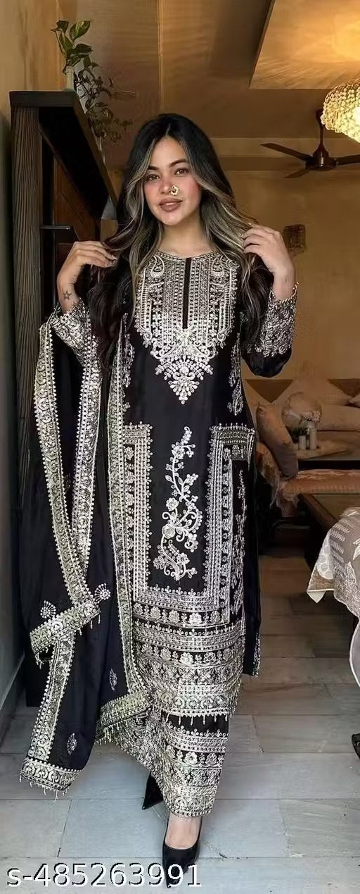 Elegant Embroidered Art Silk Kurti Set with Dupatta