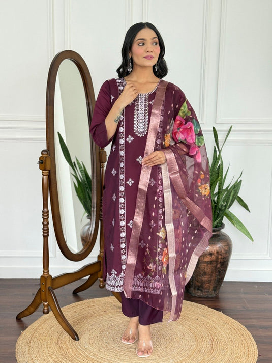 Elegant Embroidered PV Chanderi Kurti Set with Organza Dupatta