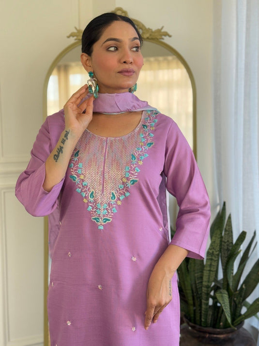 Elegant Embroidered PV Chanderi Kurti Set with Printed Vichitra Dupatta