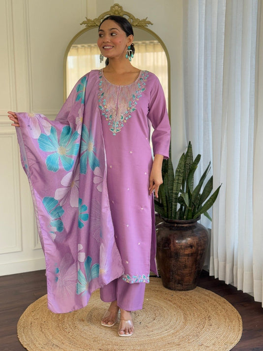 Elegant Embroidered PV Chanderi Kurti Set with Printed Vichitra Dupatta