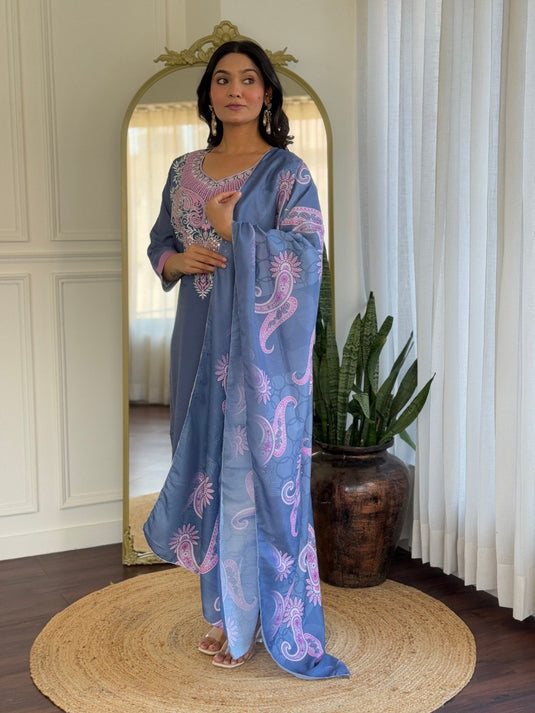 Women Embroidered PV Chanderi Kurta Set with Printed Vichitra Dupatta