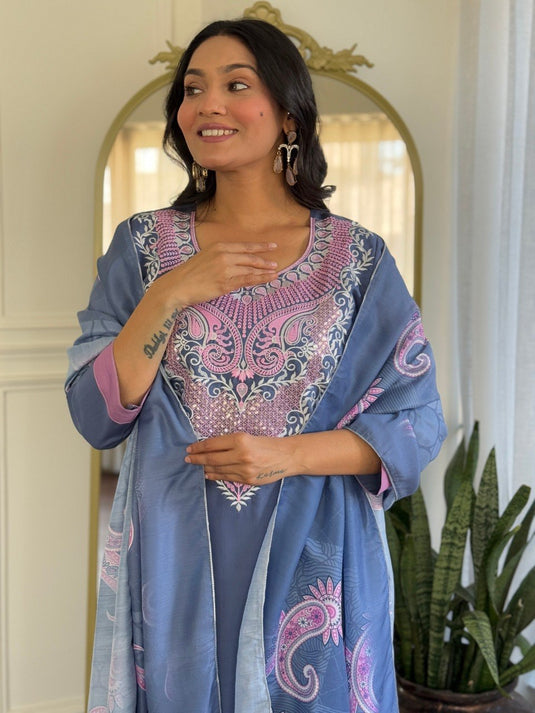 Women Embroidered PV Chanderi Kurta Set with Printed Vichitra Dupatta