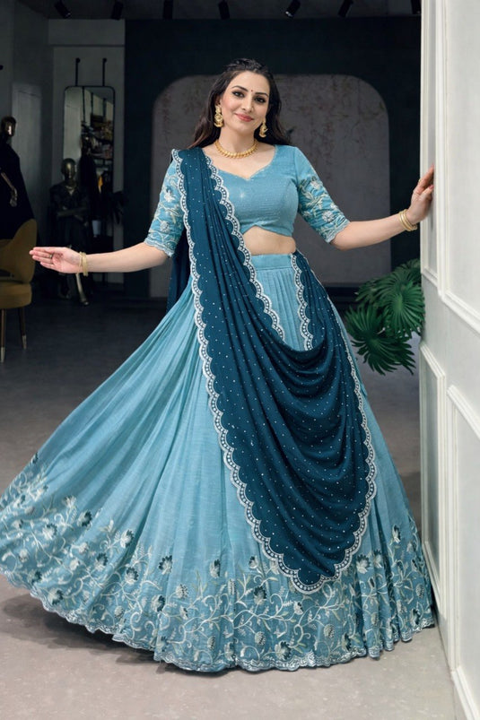 Women’s Chinno Silk Embroidered Sequence Work Lehenga Choli Set with Georgette Dupatta