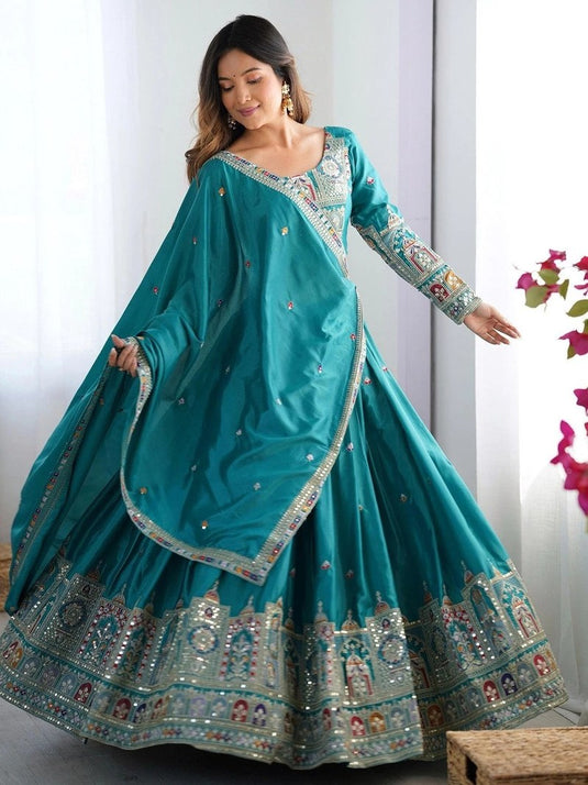 Women’s Malai Satin Embroidered Sequence Work Lehenga Choli Set with Vichitra Silk Dupatta