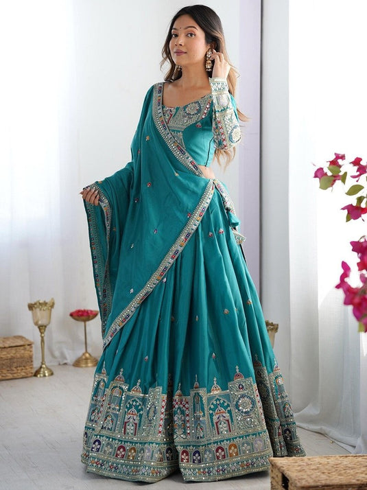 Women’s Malai Satin Embroidered Sequence Work Lehenga Choli Set with Vichitra Silk Dupatta