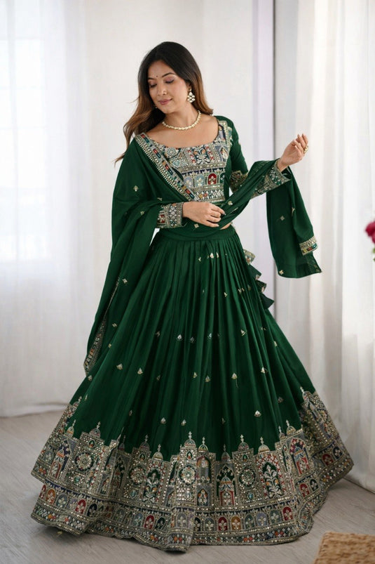 Women’s Malai Satin Embroidered Sequence Work Lehenga Choli Set with Vichitra Silk Dupatta