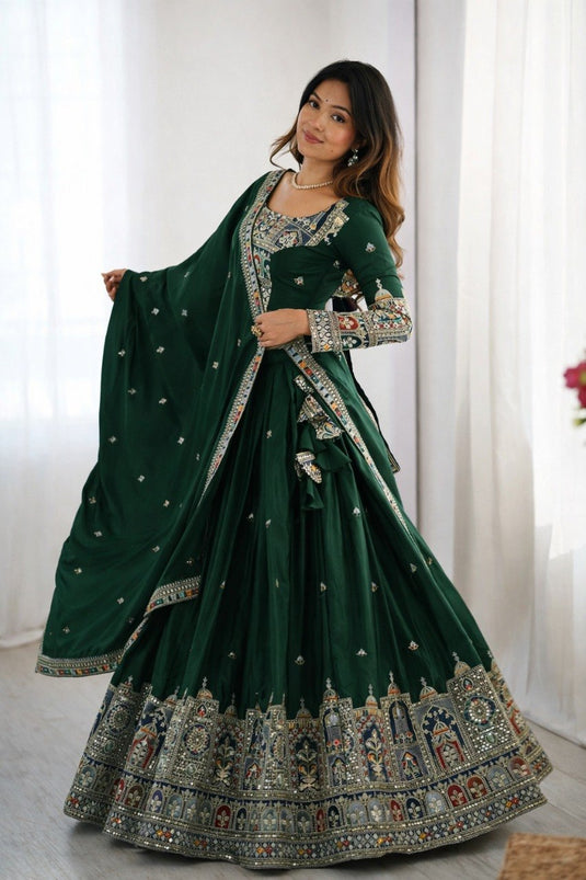Women’s Malai Satin Embroidered Sequence Work Lehenga Choli Set with Vichitra Silk Dupatta