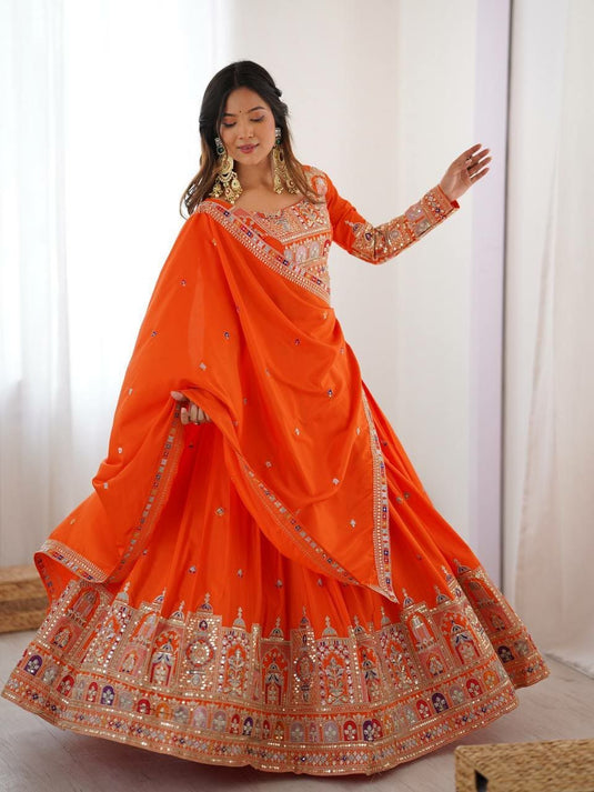 Women’s Malai Satin Embroidered Sequence Work Lehenga Choli Set with Vichitra Silk Dupatta