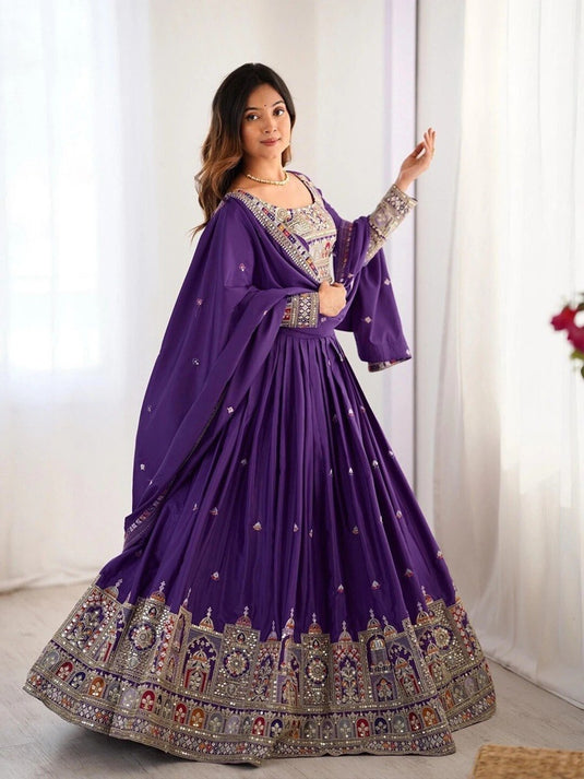Women’s Malai Satin Embroidered Sequence Work Lehenga Choli Set with Vichitra Silk Dupatta