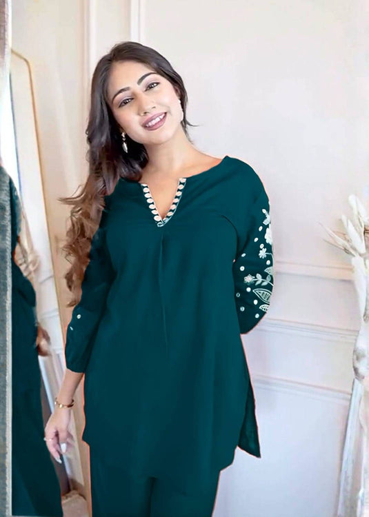 Elegant Embroidered Viscose Rayon Kurta & Magic Slub Co-ord Set with 3/4 Sleeves