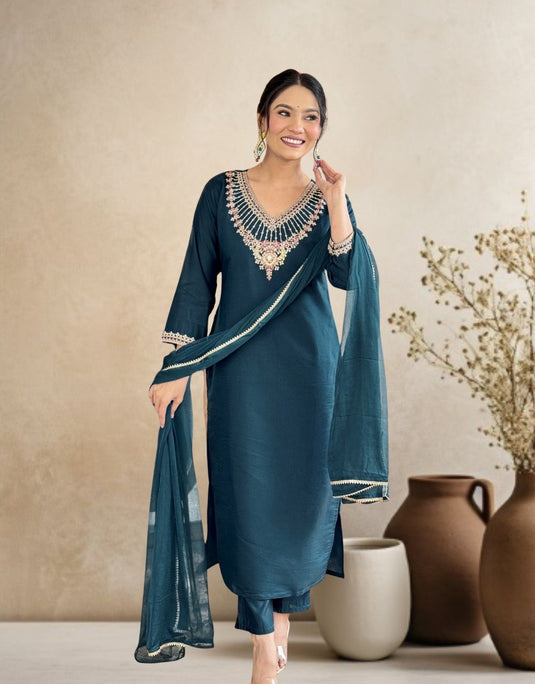 Elegant Chanderi Embroidered Kurti Set with Chinon Dupatta for Women