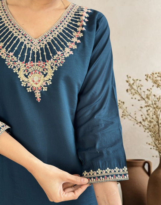 Elegant Chanderi Embroidered Kurti Set with Chinon Dupatta for Women