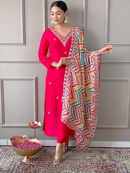 Elegant Embroidered Viscose Chanderi Kurti Set with Chinon Dupatta for Women