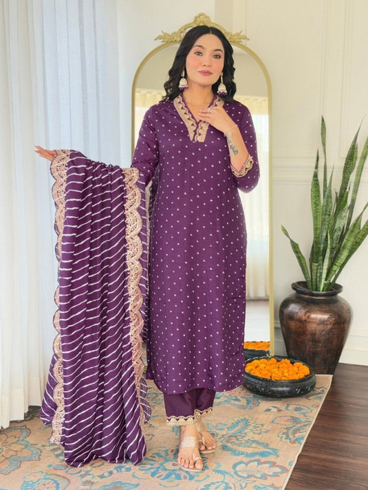 Elegant Embroidered Viscose Chanderi Kurti Set with Laheriya Print Dupatta