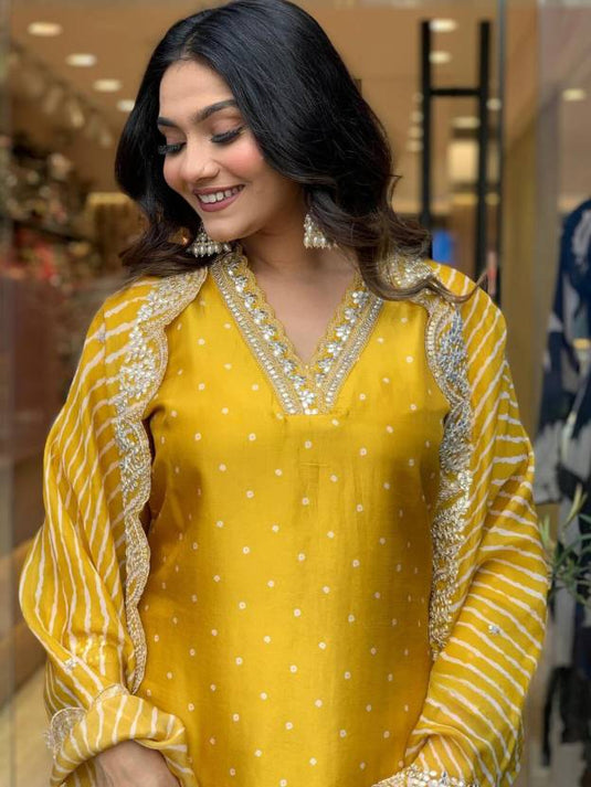 Elegant Embroidered Viscose Chanderi Kurti Set with Laheriya Print Dupatta