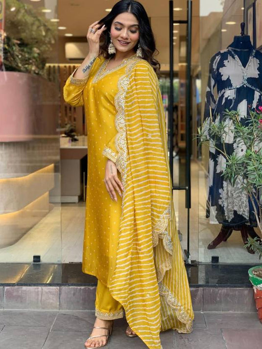 Elegant Embroidered Viscose Chanderi Kurti Set with Laheriya Print Dupatta