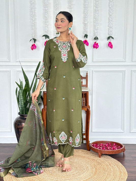 Elegant Embroidered PV Chanderi Kurti Set with Organza Dupatta