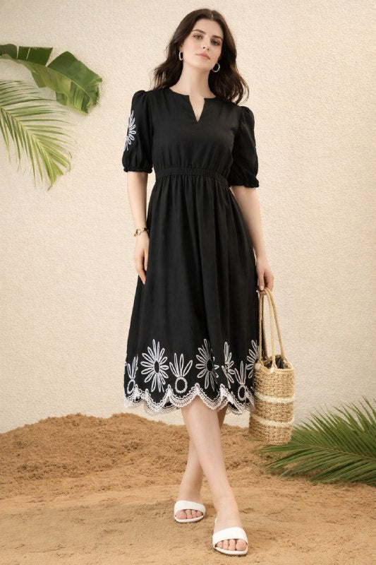 Women’s Viscose Rayon Embroidered Kurti Set with Short Puff Sleeves