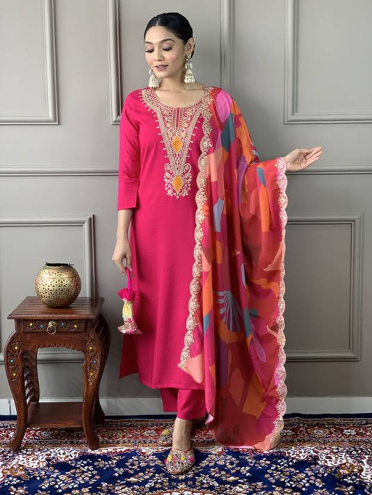 Women Embroidered Viscose Chanderi Kurta Set with Chinon Dupatta