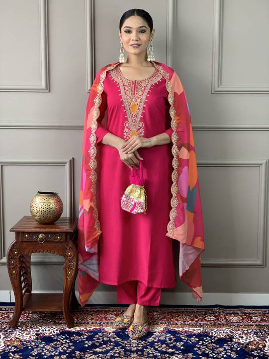 Women Embroidered Viscose Chanderi Kurta Set with Chinon Dupatta