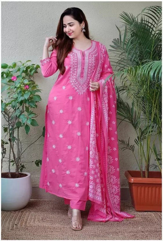 Women Embroidered Viscose Rayon Kurta Set with Printed Dupatta