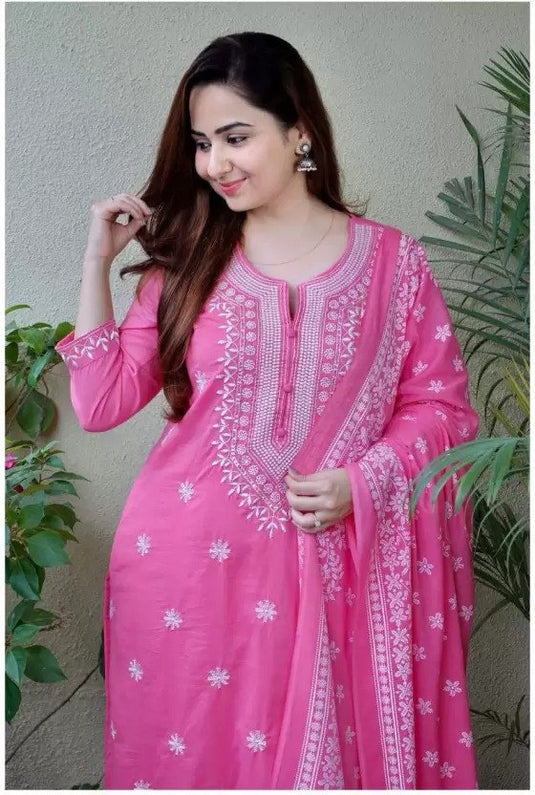 Women Embroidered Viscose Rayon Kurta Set with Printed Dupatta