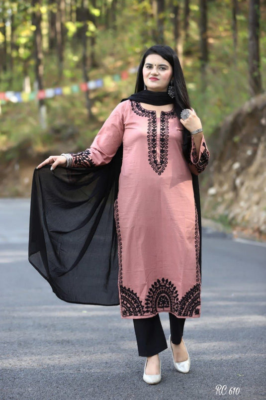 Women’s Viscose Rayon Embroidered Kurta Set with Printed Dupatta