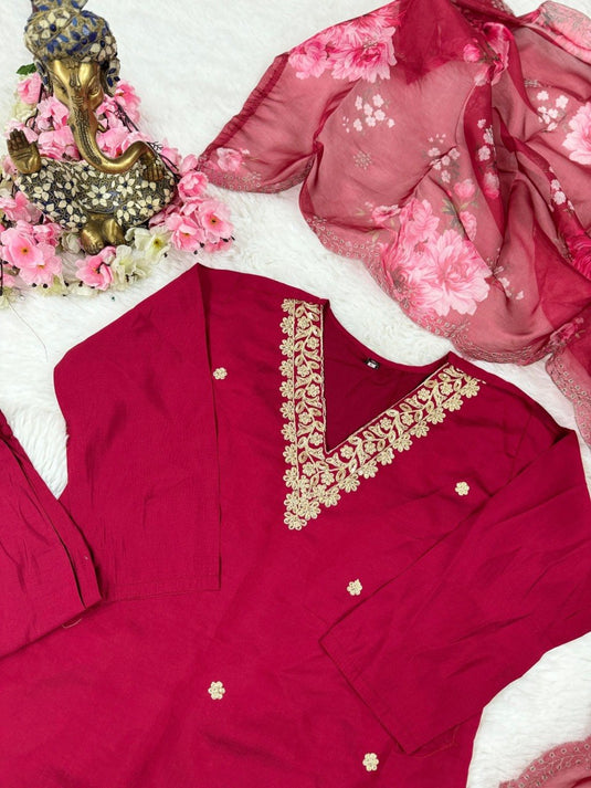 Women’s Viscose Chanderi Embroidered Kurta Set with Printed Chinon Dupatta