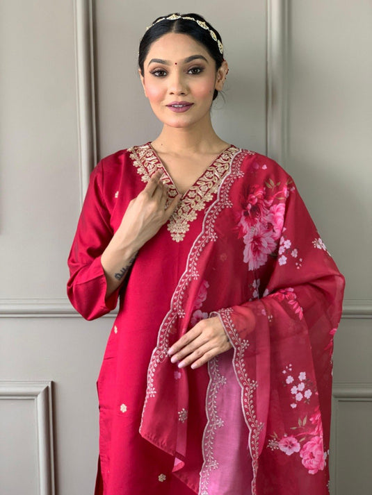 Women’s Viscose Chanderi Embroidered Kurta Set with Printed Chinon Dupatta