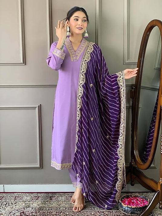 Women’s Viscose Chanderi Embroidered Kurta Set with Silk Dupatta