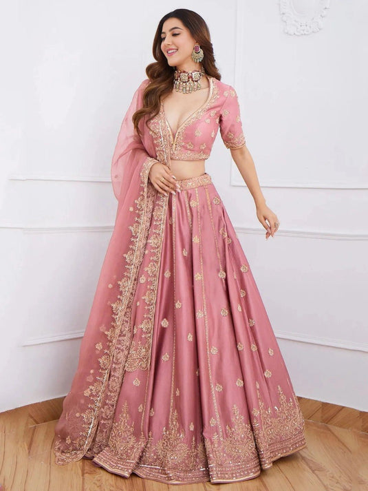 Women’s Malai Satin Embroidered Lehenga Choli Set with Organza Dupatta