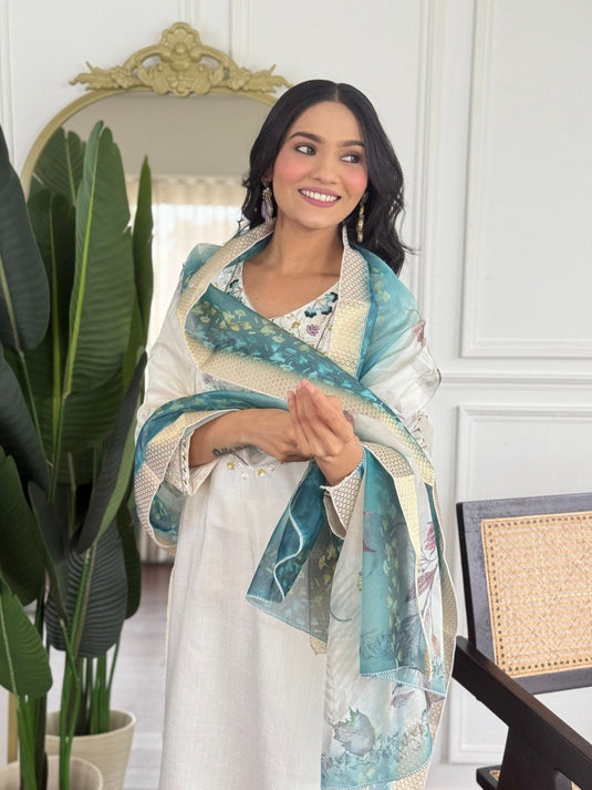 Elegant Embroidered PV Chanderi Kurti Set with Organza Dupatta for Women