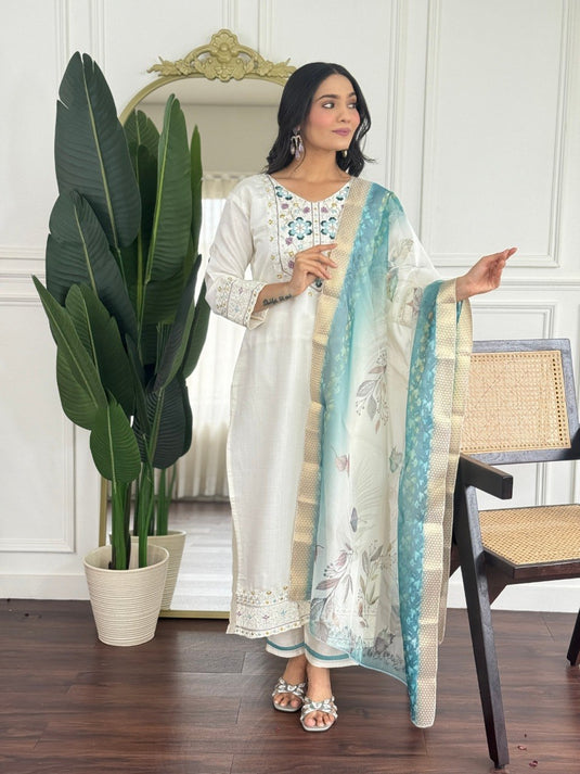 Elegant Embroidered PV Chanderi Kurti Set with Organza Dupatta for Women