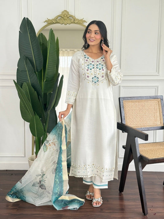 Elegant Embroidered PV Chanderi Kurti Set with Organza Dupatta for Women