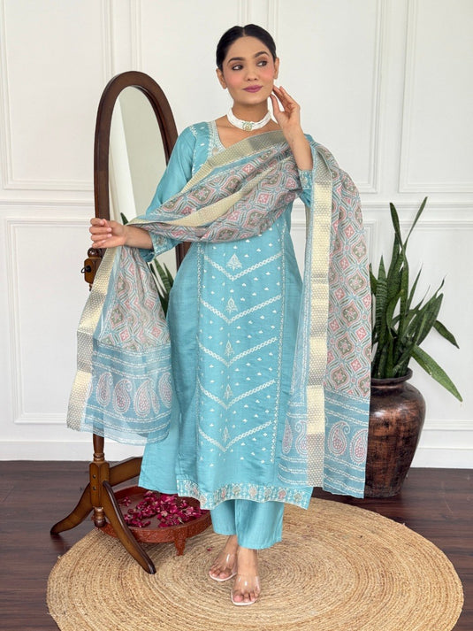 Elegant Embroidered PV Chanderi Kurti Set with Organza Dupatta for Women