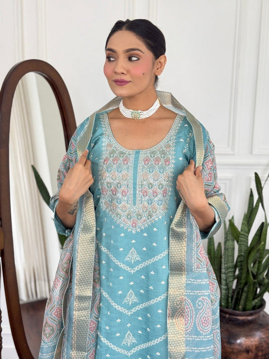 Elegant Embroidered PV Chanderi Kurti Set with Organza Dupatta for Women