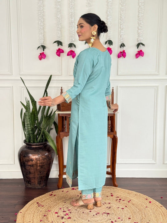 Elegant Embroidered PV Chanderi Kurti Set with Silk Dupatta for Women