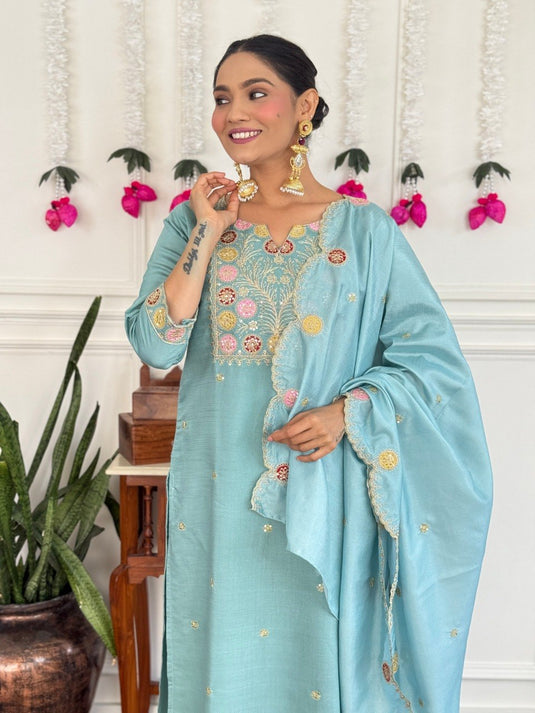 Elegant Embroidered PV Chanderi Kurti Set with Silk Dupatta for Women