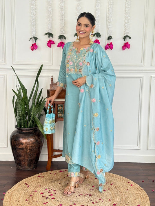 Elegant Embroidered PV Chanderi Kurti Set with Silk Dupatta for Women