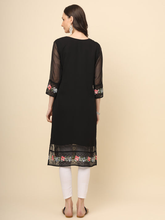 Women Georgette Lucknowi Chikankari Embroidered Straight Kurti