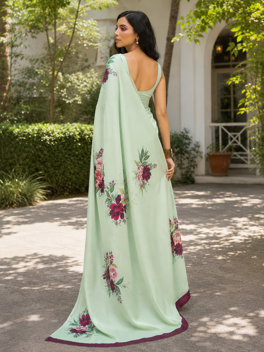 Premium Digital Print Satin Saree – Elegant Glossy Finish & Contemporary Design