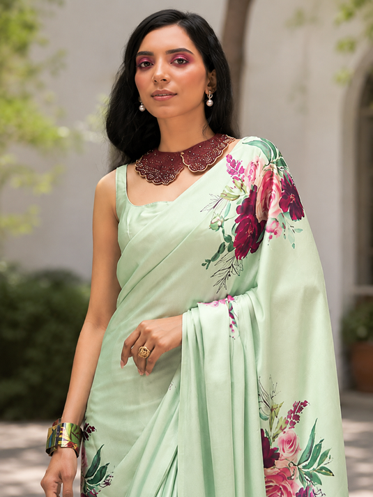 Premium Digital Print Satin Saree – Elegant Glossy Finish & Contemporary Design