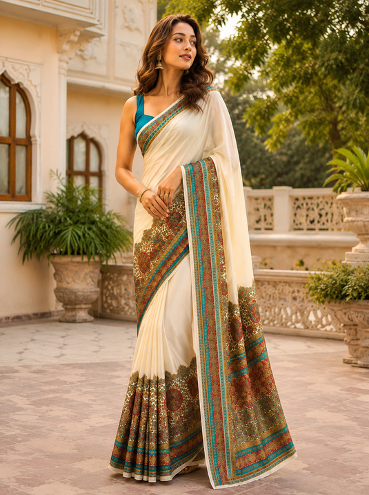 Premium Digital Print Satin Saree – Elegant Glossy Finish & Contemporary Design