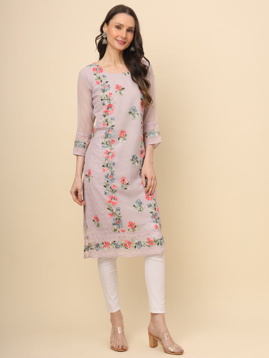 Women Georgette Lucknowi Chikankari Embroidered Straight Kurti