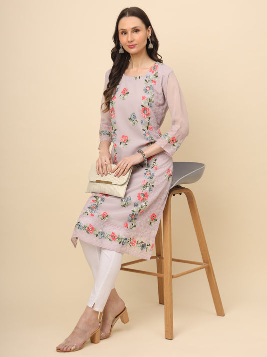 Women Georgette Lucknowi Chikankari Embroidered Straight Kurti