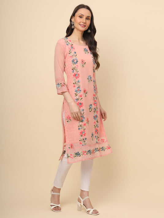 Women Georgette Lucknowi Chikankari Embroidered Straight Kurti