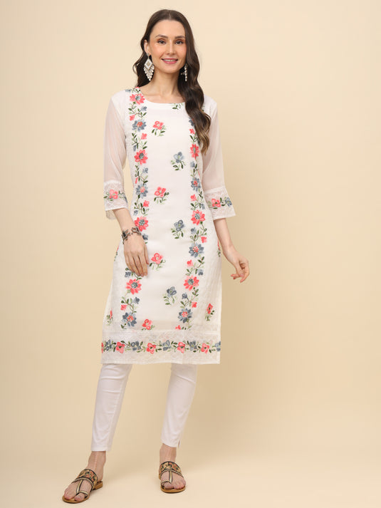 Women Georgette Lucknowi Chikankari Embroidered Straight Kurti