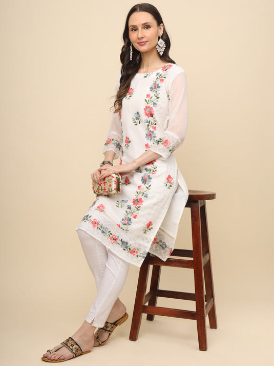 Women Georgette Lucknowi Chikankari Embroidered Straight Kurti