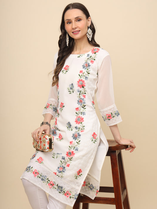 Women Georgette Lucknowi Chikankari Embroidered Straight Kurti